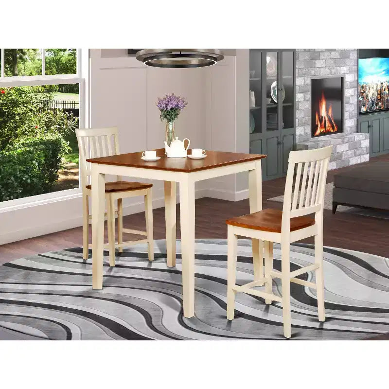 Counter Height Pub Set - 3 Piece Dinette Table & Chairs - Small Space Dining Set - Linen White