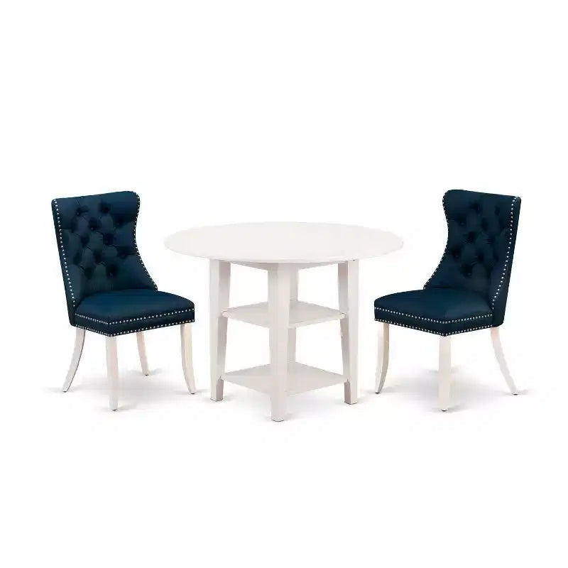 HomeStock 3-Pc Linen White Finish Round Solid Wood Top With Dropleaf Dining Table Set