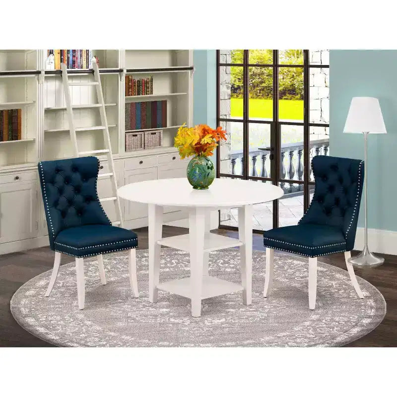 HomeStock 3-Pc Linen White Finish Round Solid Wood Top With Dropleaf Dining Table Set