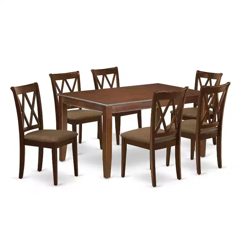 HomeStock 7-Piece Rectangle Mahogany Finish Solid Wood Top Dining Table with 6-Chairs with Cross Back