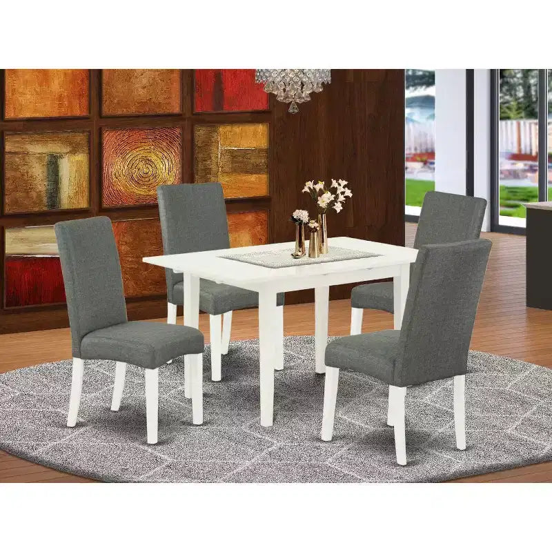 HomeStock 5-Pc Linen White Finish Solid Wood Top - Upholstered Dining Room Set with Butterfly Leaf - Seats 4
