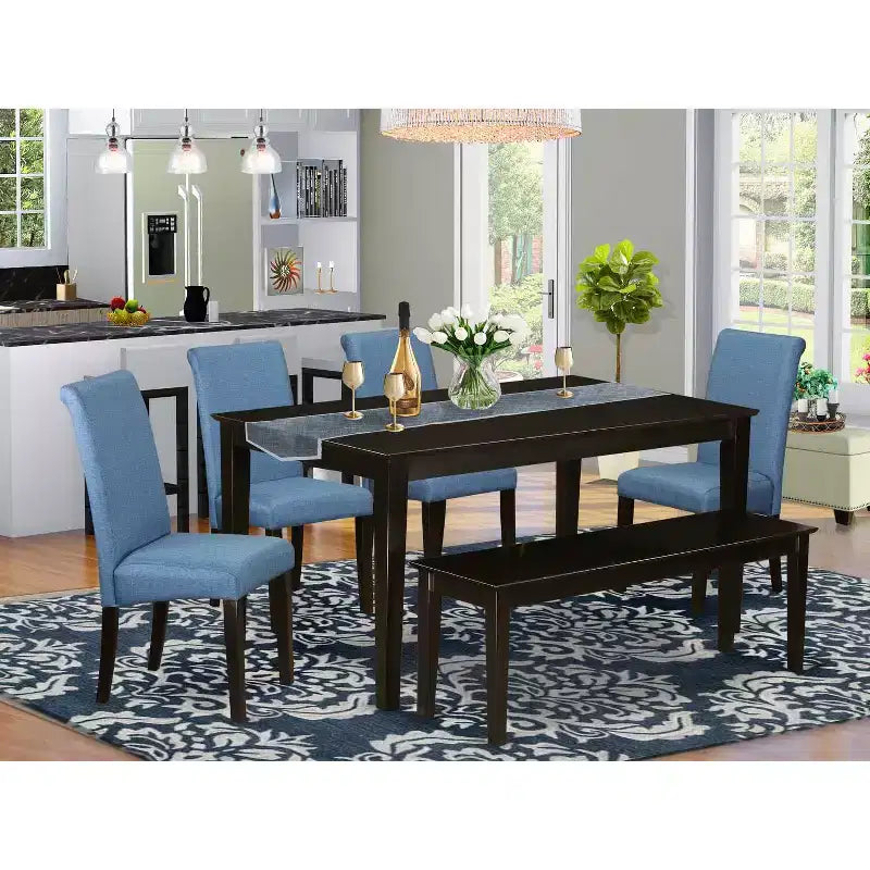 HomeStock 6-Piece Rectangle Cappuccino Finish Solid Wood Top Dining Table with 1-Bench, 4-Chairs