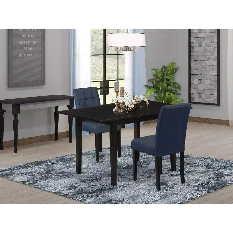 3-Piece Black Finish Rectangular Solid Wood Top Dining Table Set