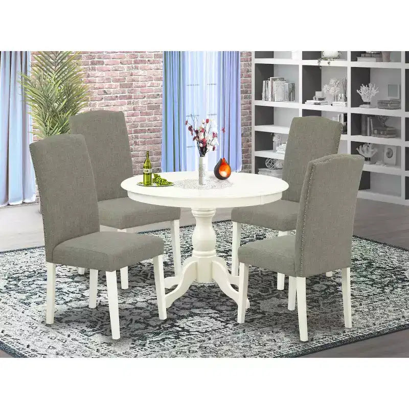 5-Piece Linen White Finish Solid Wood Top Dining table with 4 Chairs with