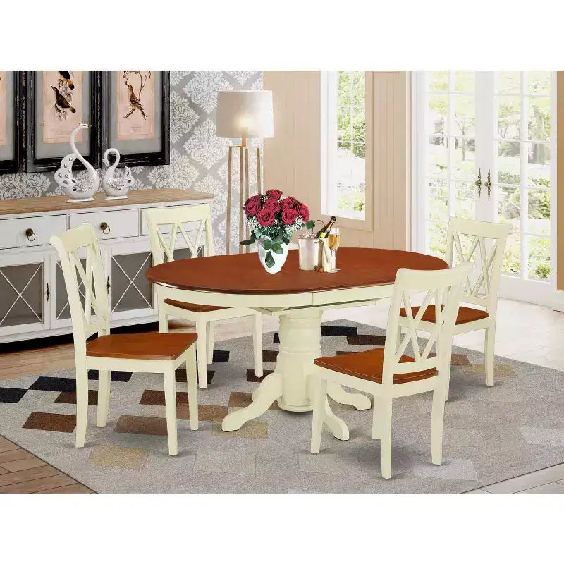 HomeStock 5-Piece Oval Buttermilk & Cherry Finish Solid Wood Top Dining table with 4 Chairs with Cross Back