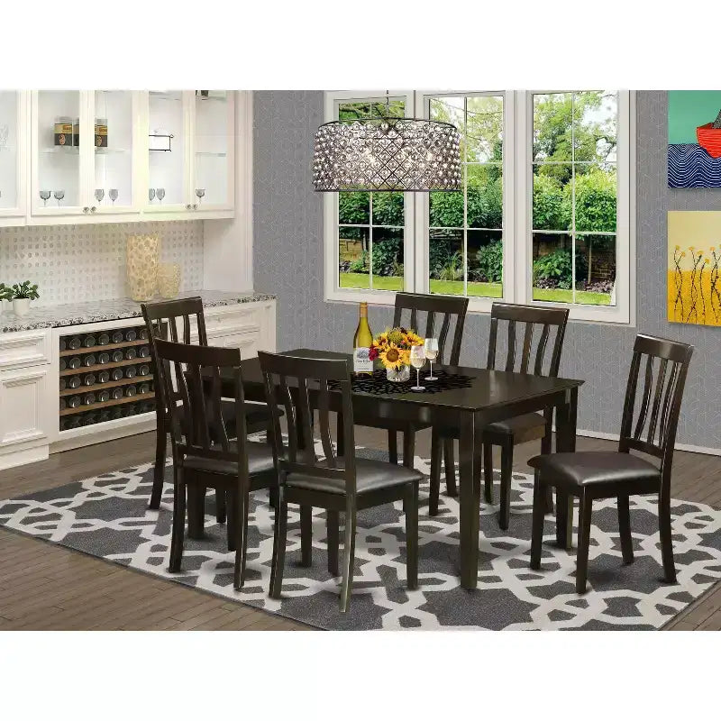 HomeStock 7-Piece Rectangle Cappuccino Finish Solid Wood Top Dining Table with 6 Chairs