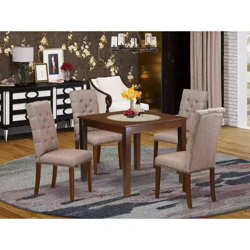 HomeStock 5-Pc Mahogany Finish Solid Wood Top - Rectangular Dining Room Set with High Back - Seats 4