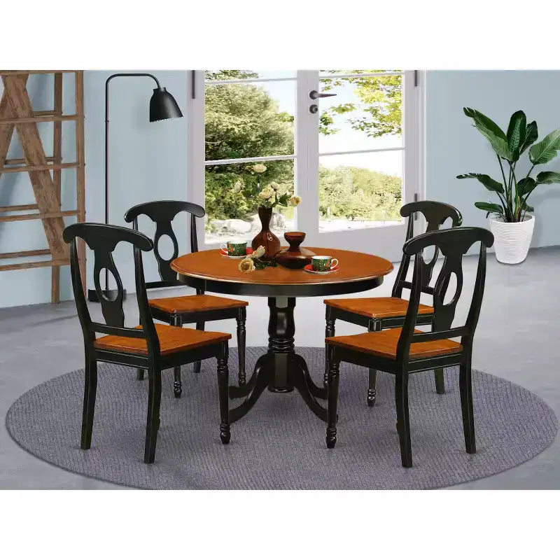 Kitchen Table Set 5 Piece - Round Dining Table & 4 Chairs - Modern Design - 42 Inch - Black & Cherry Finish