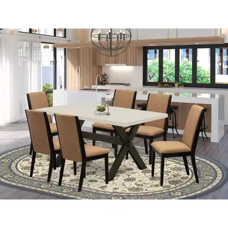 HomeStock 7-Piece Natural Oak Finish Solid Wood Top Dining Table with 6-Parson Chairs