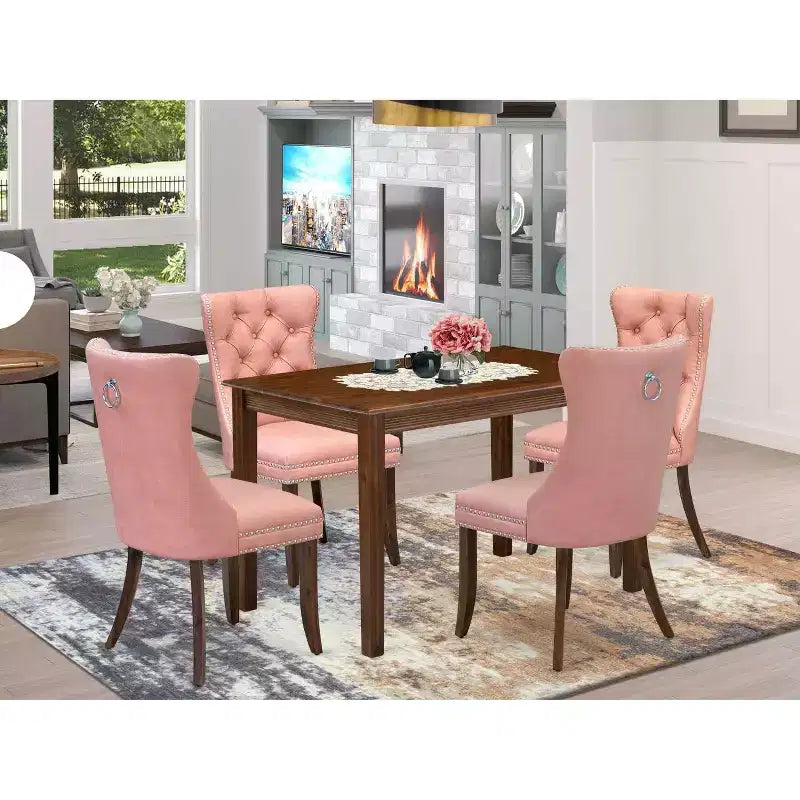 5-Piece Antique Walnut Finish Solid Wood Top - Rectangular Dining Room Set - Seats 4