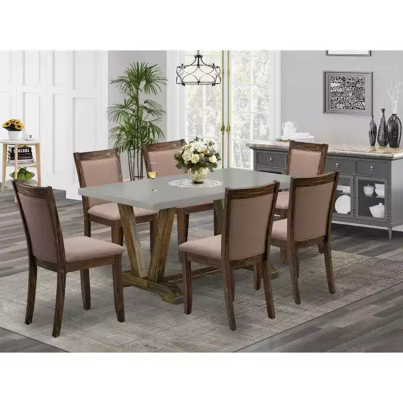 HomeStock 7-Piece Distressed Jacobean Finish Solid Wood Top Dining Table with 6 Parson-Chairs