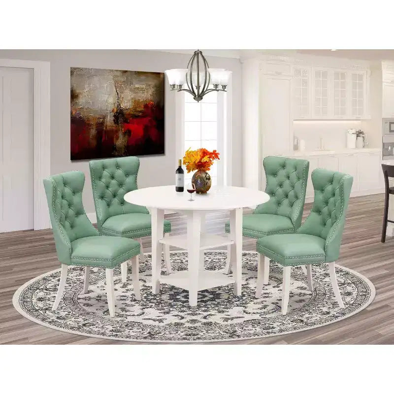 5-Piece Linen White Finish Solid Wood Top - Round Upholstered Dining Room Set - Seats 4