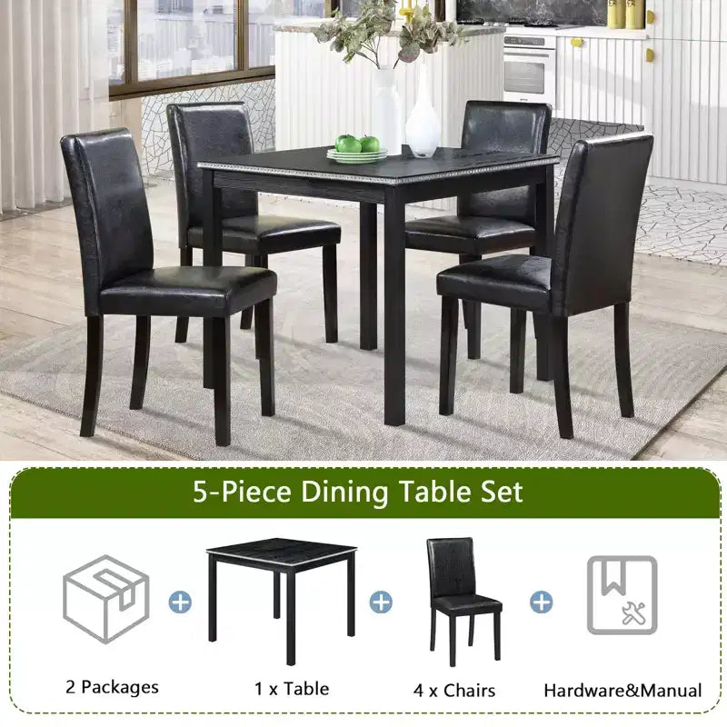 CLIHOME 5-Piece Wooden Dining Table Set, Kitchen Crystal Decoration Table Set with Square Table and 4 Upholstered Chairs