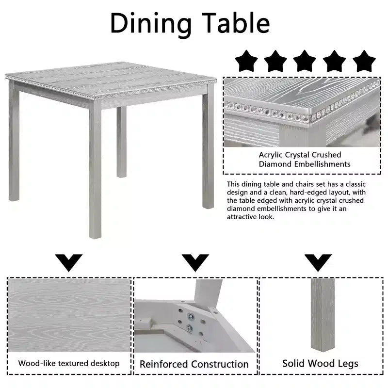 CLIHOME 5-Piece Wooden Dining Table Set, Kitchen Crystal Decoration Table Set with Square Table and 4 Upholstered Chairs