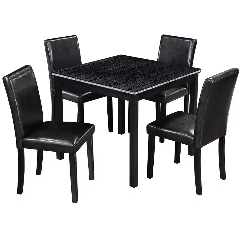 CLIHOME 5-Piece Wooden Dining Table Set, Kitchen Crystal Decoration Table Set with Square Table and 4 Upholstered Chairs