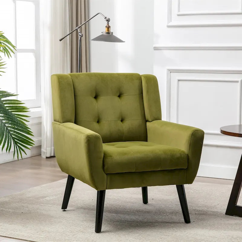Velvet Button-Tufted Accent Chair with Wing Sides & Solid Wood Legs