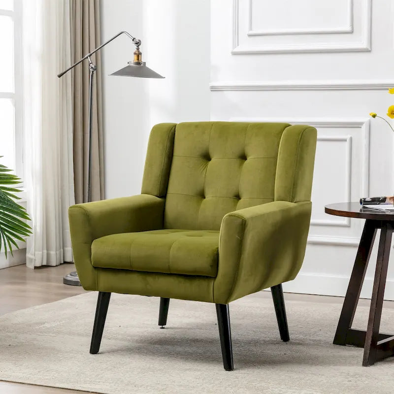 Velvet Button-Tufted Accent Chair with Wing Sides & Solid Wood Legs