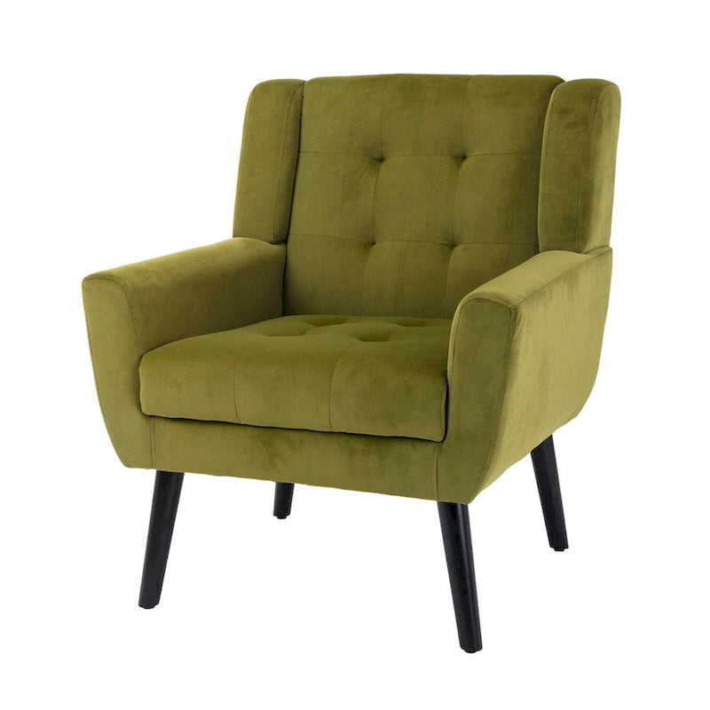 Velvet Button-Tufted Accent Chair with Wing Sides & Solid Wood Legs