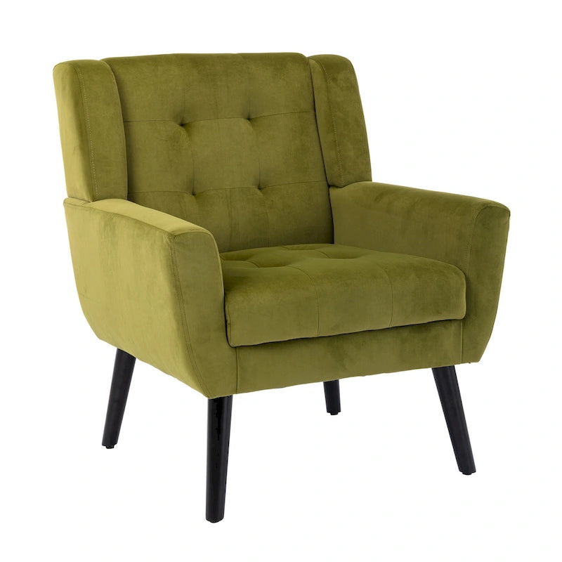 Velvet Button-Tufted Accent Chair with Wing Sides & Solid Wood Legs