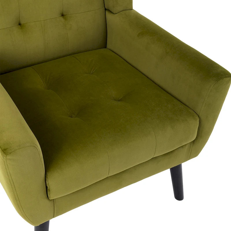 Velvet Button-Tufted Accent Chair with Wing Sides & Solid Wood Legs