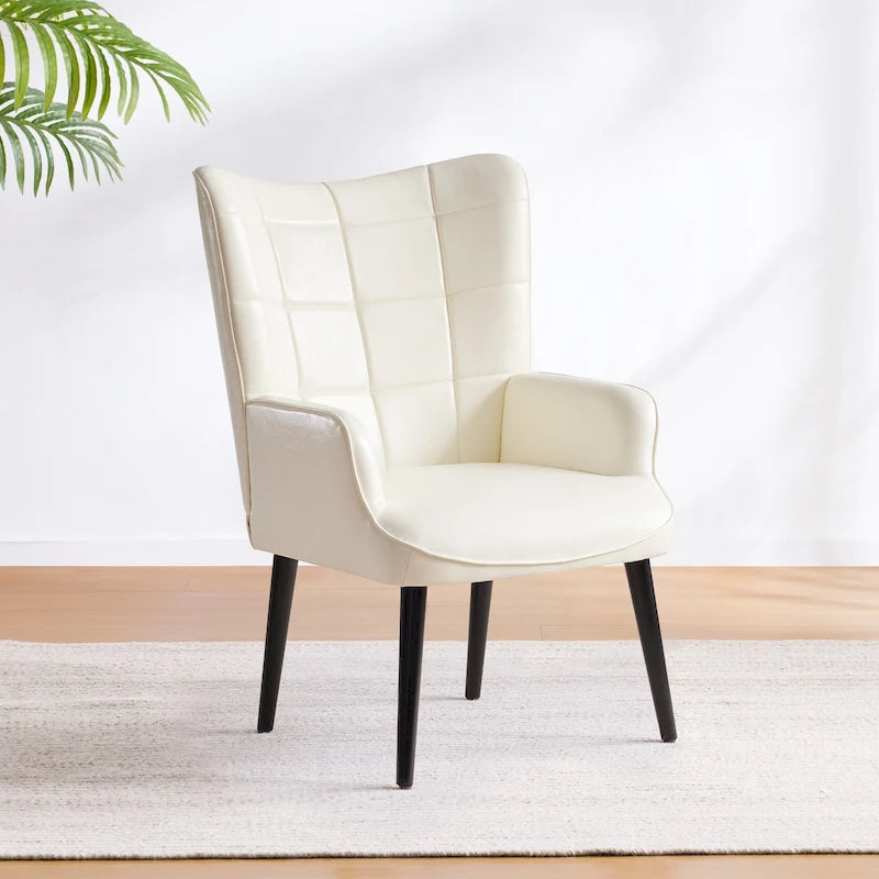 PU Leather Accent Chair with High Channel-Stitched Back & Solid Wood Legs