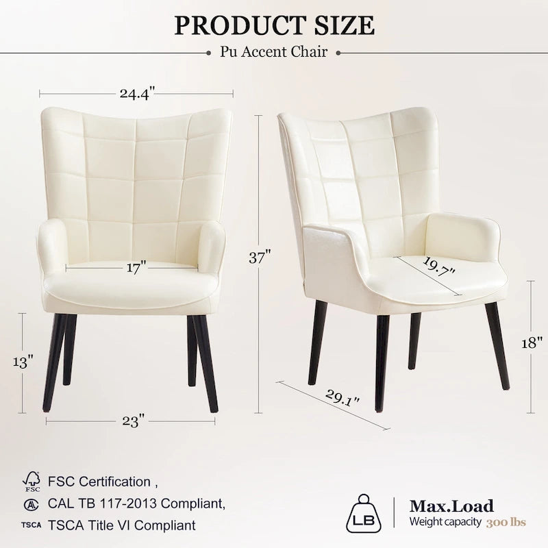 PU Leather Accent Chair with High Channel-Stitched Back & Solid Wood Legs