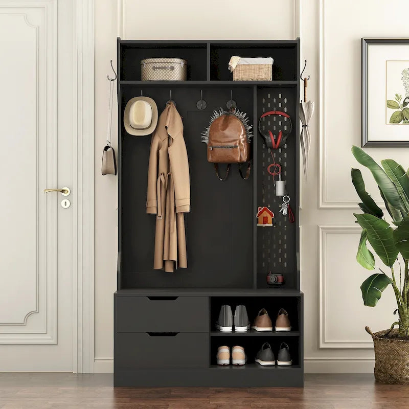 4-in-1 Entryway Hall Tree with 6 Hooks, Open Shelves, Drawers & Shoe Rack