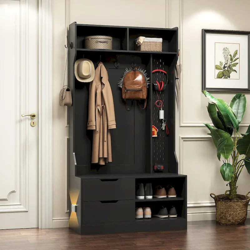 4-in-1 Entryway Hall Tree with 6 Hooks, Open Shelves, Drawers & Shoe Rack
