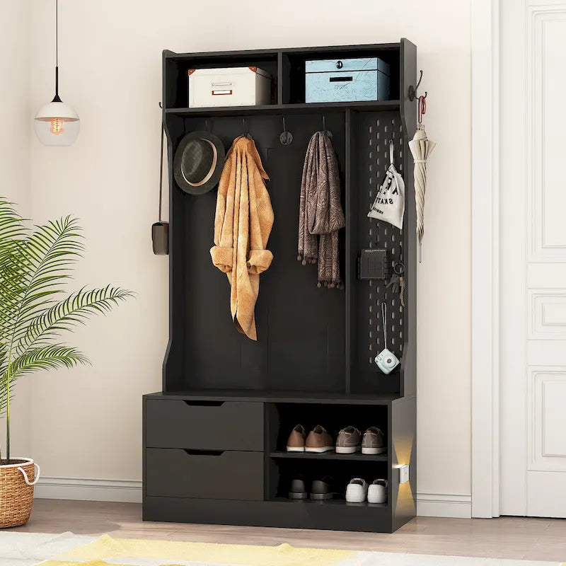 4-in-1 Entryway Hall Tree with 6 Hooks, Open Shelves, Drawers & Shoe Rack