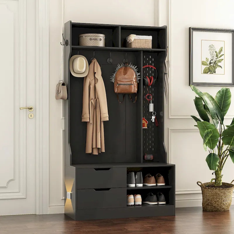 4-in-1 Entryway Hall Tree with 6 Hooks, Open Shelves, Drawers & Shoe Rack