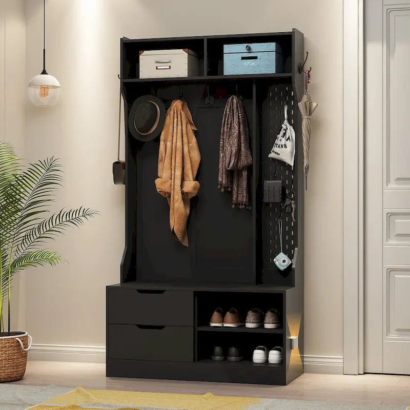 4-in-1 Entryway Hall Tree with 6 Hooks, Open Shelves, Drawers & Shoe Rack