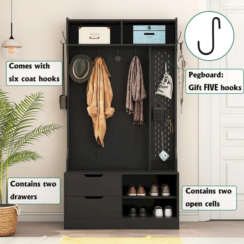 4-in-1 Entryway Hall Tree with 6 Hooks, Open Shelves, Drawers & Shoe Rack