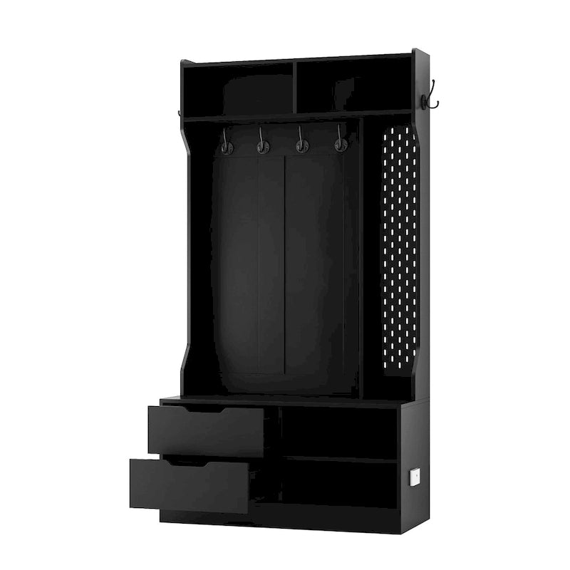 4-in-1 Entryway Hall Tree with 6 Hooks, Open Shelves, Drawers & Shoe Rack