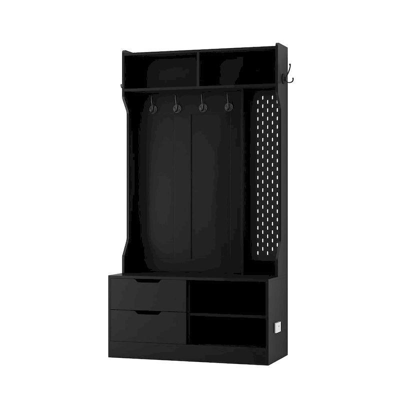 4-in-1 Entryway Hall Tree with 6 Hooks, Open Shelves, Drawers & Shoe Rack