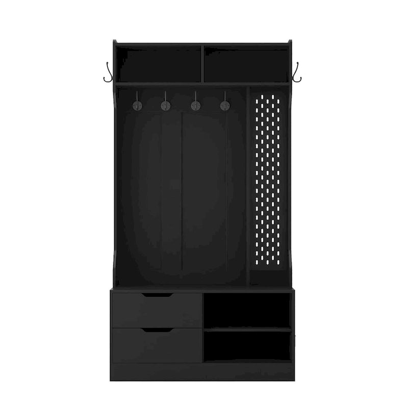 4-in-1 Entryway Hall Tree with 6 Hooks, Open Shelves, Drawers & Shoe Rack