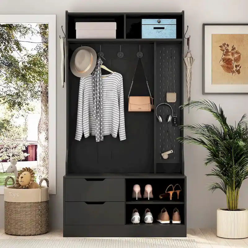 4-in-1 Entryway Hall Tree with 6 Hooks, Open Shelves, Drawers & Shoe Rack