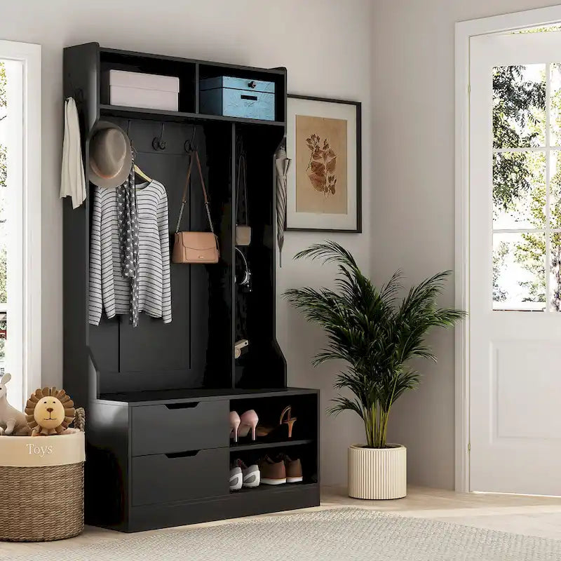 4-in-1 Entryway Hall Tree with 6 Hooks, Open Shelves, Drawers & Shoe Rack