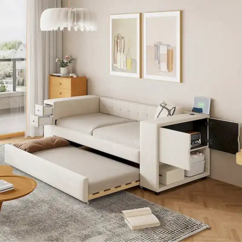 Twin Velvet Daybed with Pull-Out Trundle, Storage Drawers, Cabinet & USB Charging Port