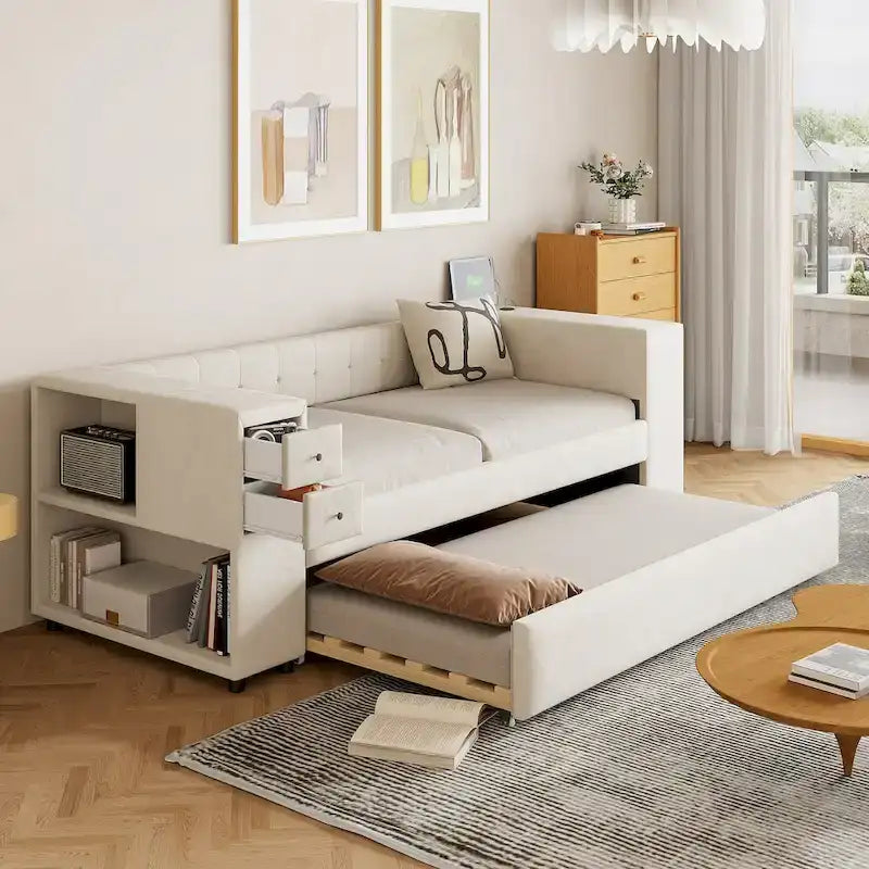 Twin Velvet Daybed with Pull-Out Trundle, Storage Drawers, Cabinet & USB Charging Port