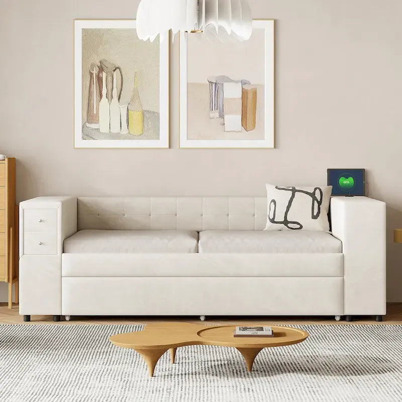 Twin Velvet Daybed with Pull-Out Trundle, Storage Drawers, Cabinet & USB Charging Port