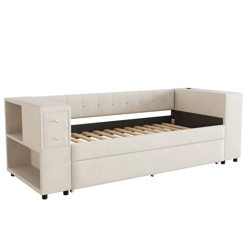 Twin Velvet Daybed with Pull-Out Trundle, Storage Drawers, Cabinet & USB Charging Port