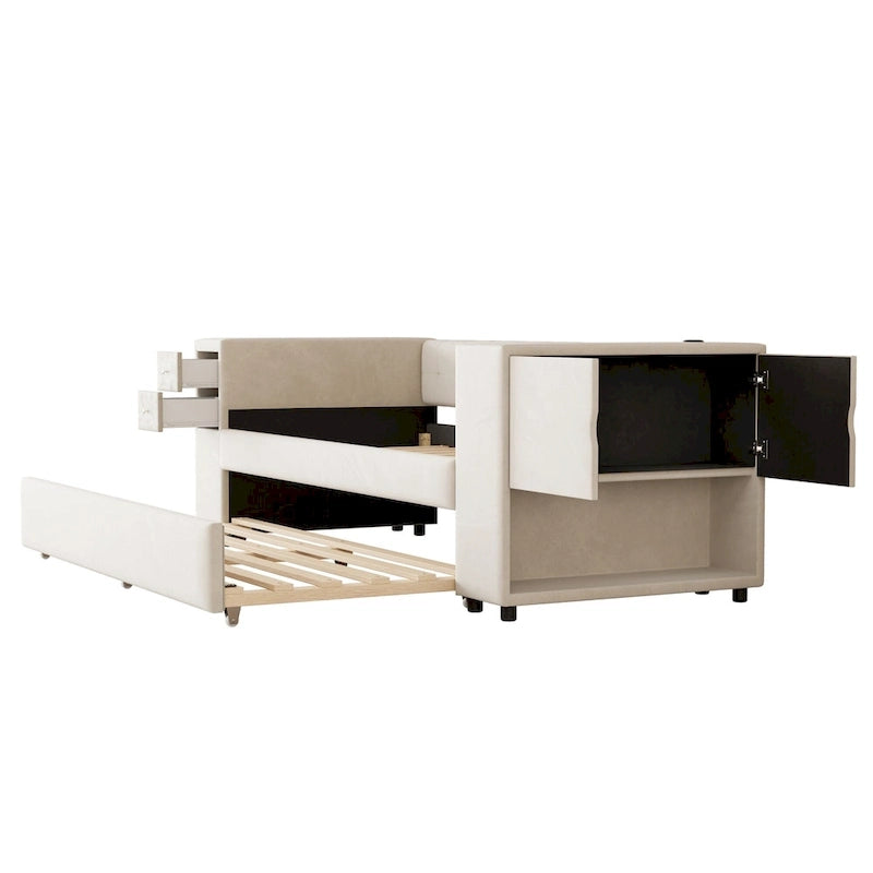 Twin Velvet Daybed with Pull-Out Trundle, Storage Drawers, Cabinet & USB Charging Port