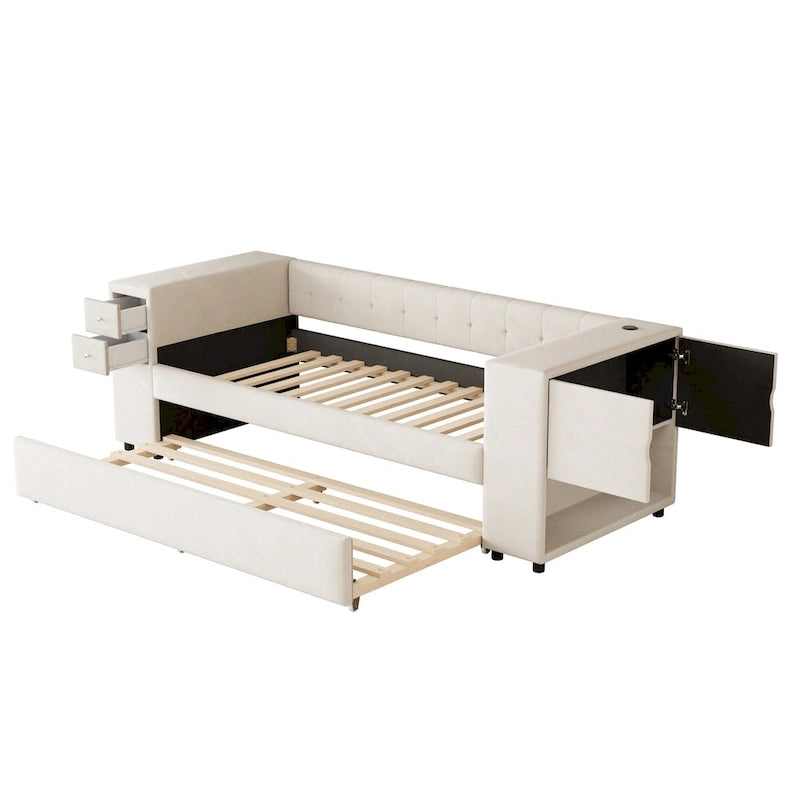 Twin Velvet Daybed with Pull-Out Trundle, Storage Drawers, Cabinet & USB Charging Port