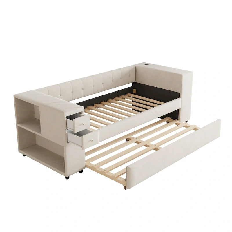 Twin Velvet Daybed with Pull-Out Trundle, Storage Drawers, Cabinet & USB Charging Port
