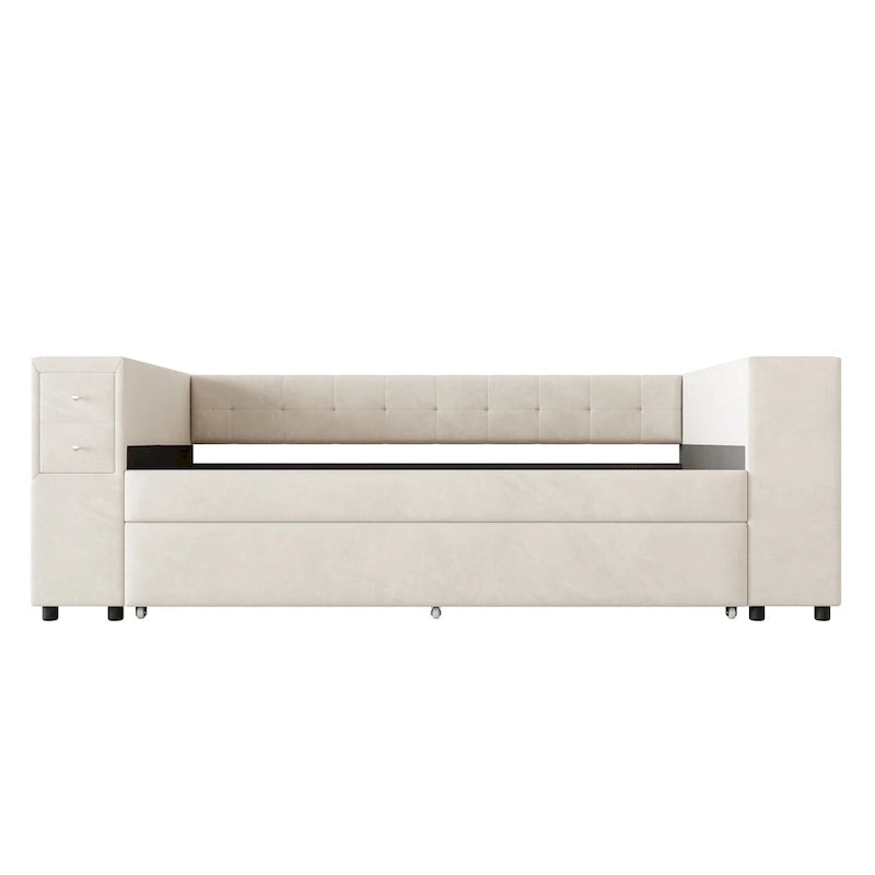 Twin Velvet Daybed with Pull-Out Trundle, Storage Drawers, Cabinet & USB Charging Port