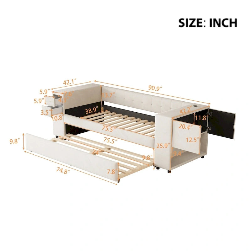 Twin Velvet Daybed with Pull-Out Trundle, Storage Drawers, Cabinet & USB Charging Port