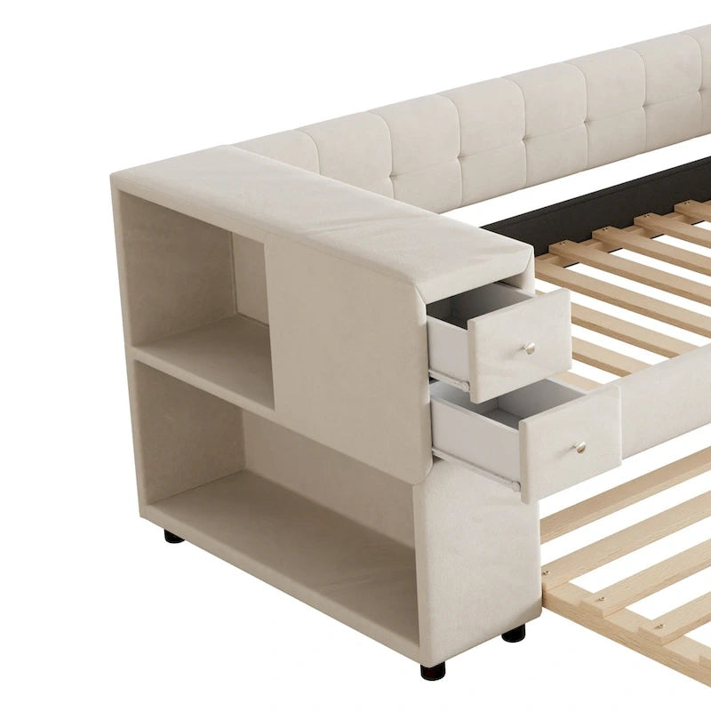 Twin Velvet Daybed with Pull-Out Trundle, Storage Drawers, Cabinet & USB Charging Port