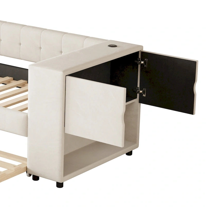 Twin Velvet Daybed with Pull-Out Trundle, Storage Drawers, Cabinet & USB Charging Port