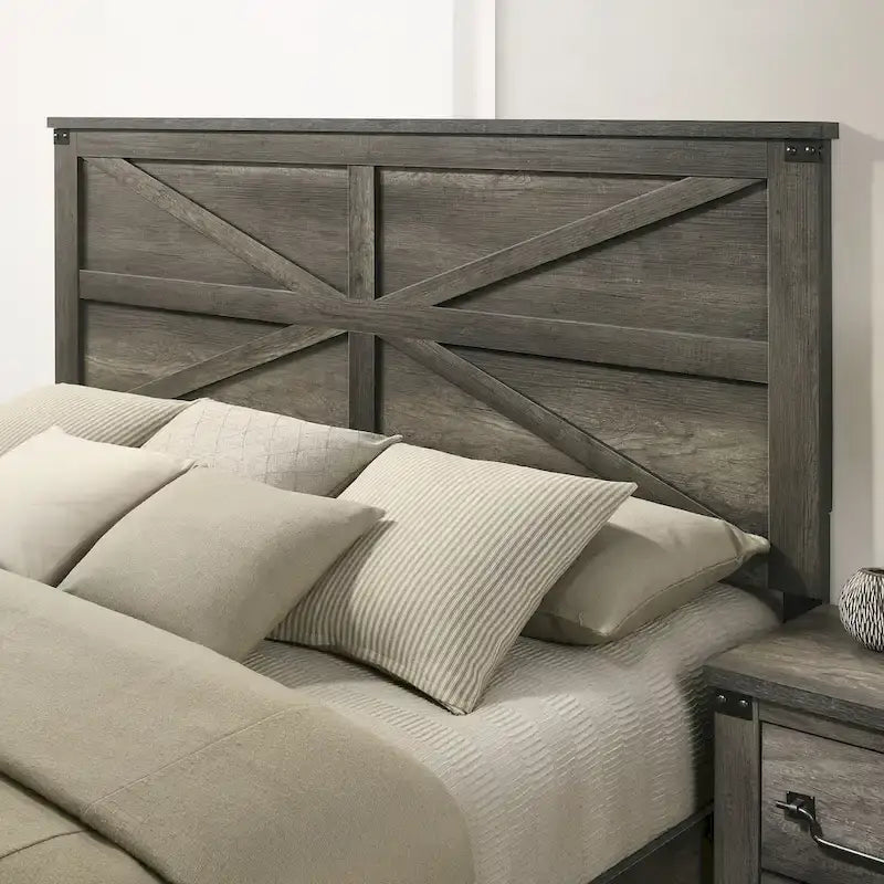 Farmhouse Panel Bed with Rustic Grey Finish & Metal Corner Accents – Queen / King