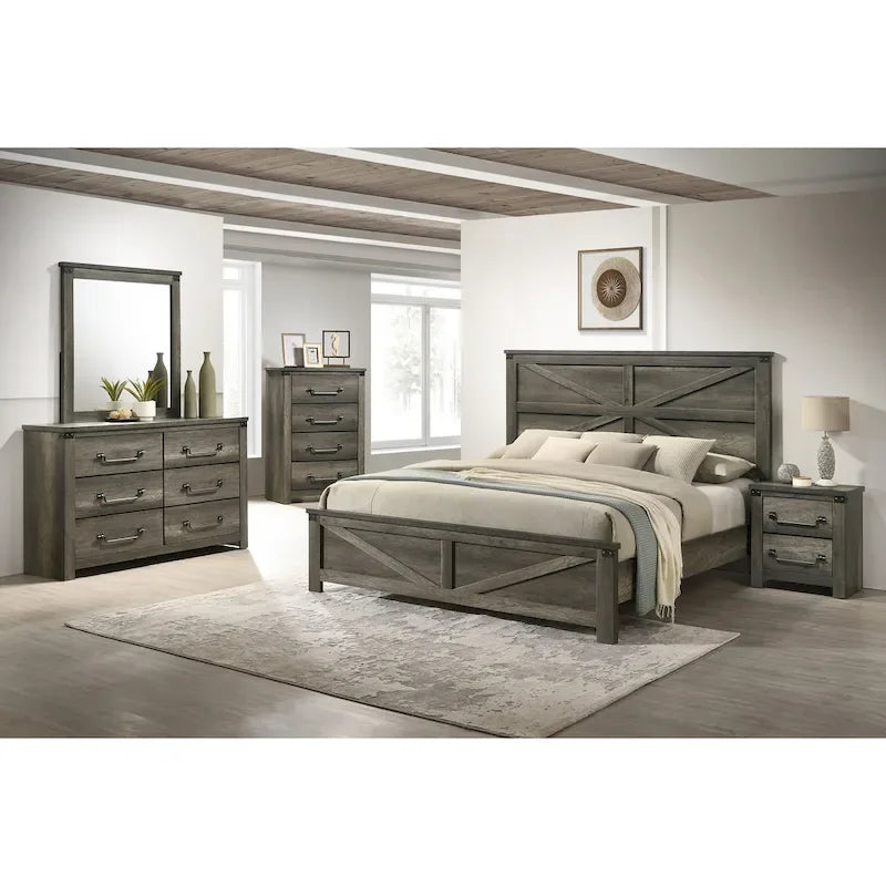 Farmhouse Panel Bed with Rustic Grey Finish & Metal Corner Accents – Queen / King